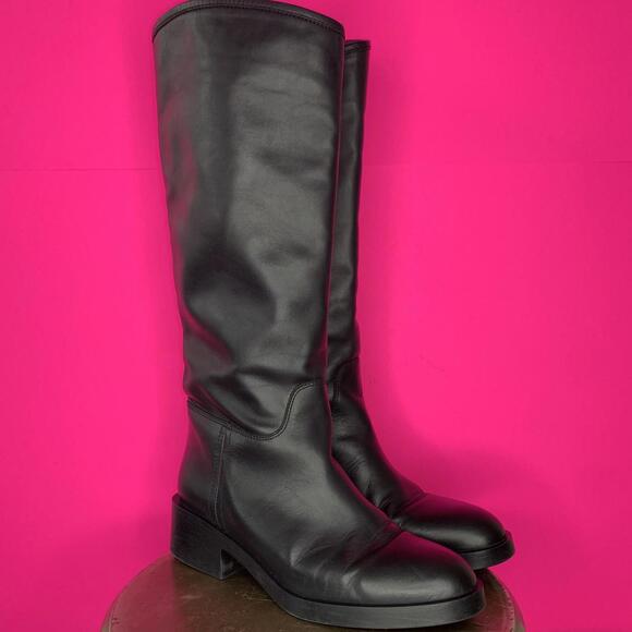 Zara Black Leather Low Block Heel Pull-On Knee High Riding Boot Sz 40 - Picture 1 of 8